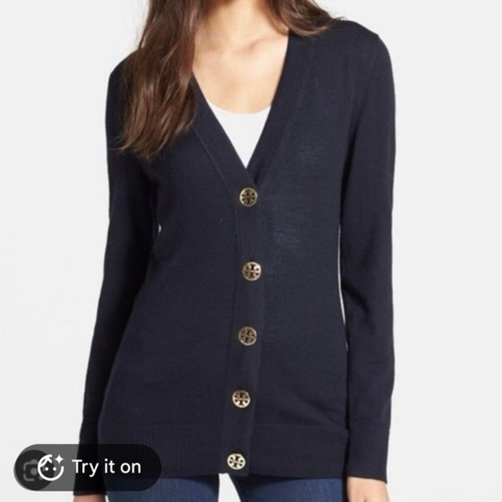 Tory Burch Simone Merino Wool Cardigan in Navy SZ M